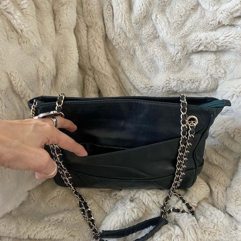 Vintage Deep Green Looks Black Lambskin Leather Double Chain Strap Shoul…